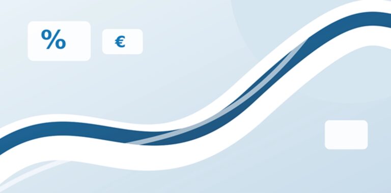 Abstrakte blau-weiße Grafik mit wellenförmigen Linien und kleinen Kacheln, darunter Symbole für Prozent und Euro.
